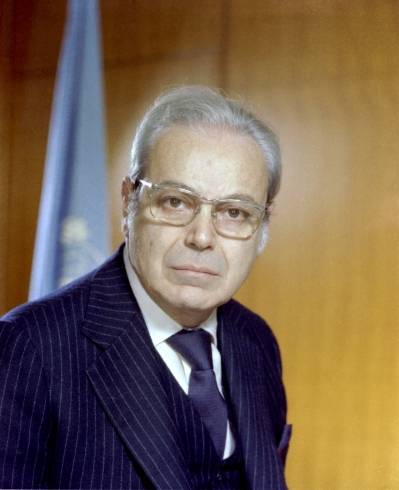 Portrett av Javier Perez de Cuellar (Peru), den femte Generalsekretæren i FN. Foto: UNphoto